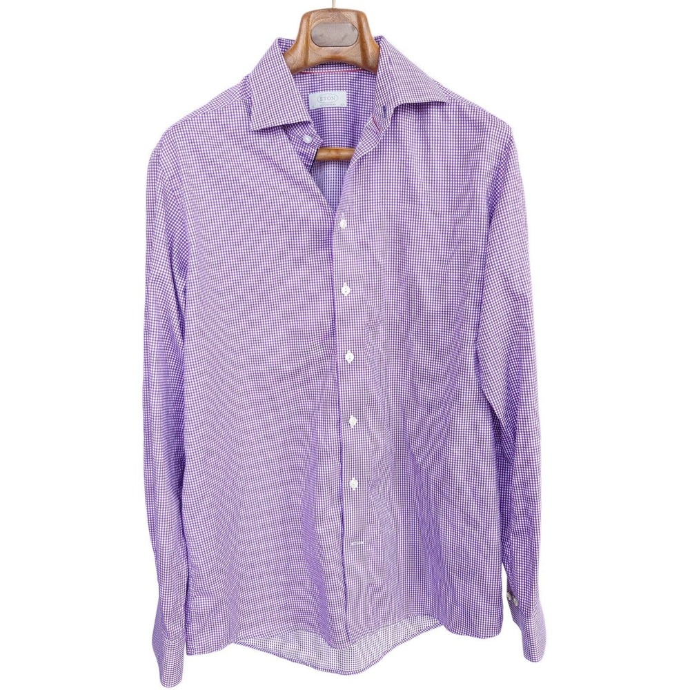 ETON Men's Contemporary Fit Button Down Shirt Purple / White Gingham 'York' 16.5